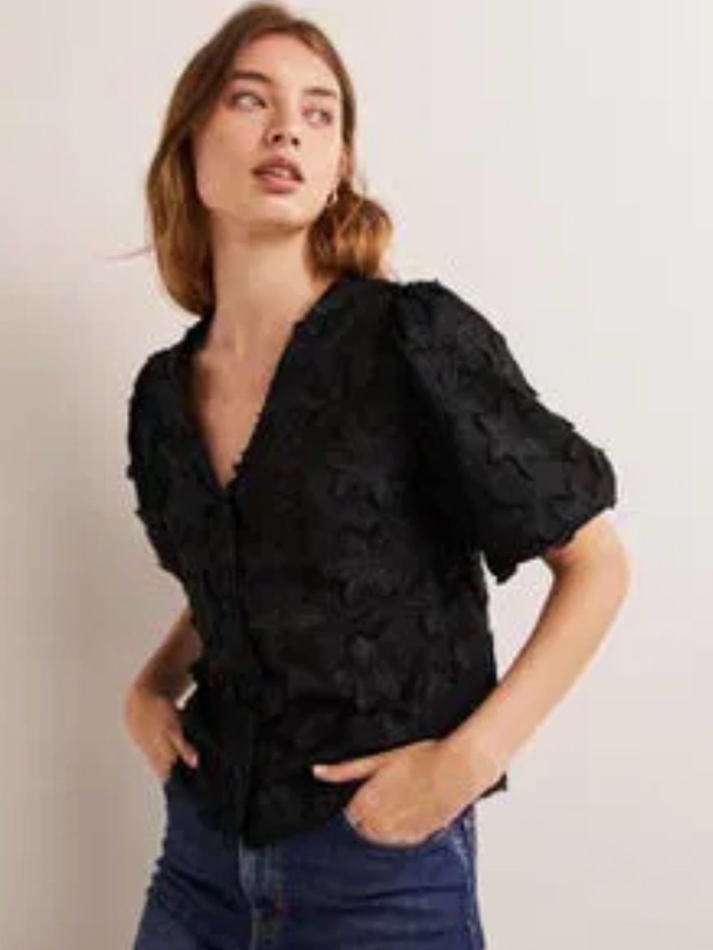 Boden Black Floral Appliqué Puff-Sleeve Blouse
